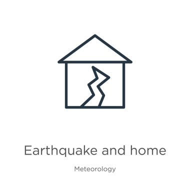 Deprem ve ev ikonu. İnce doğrusal deprem ve meteoroloji koleksiyonundan izole edilmiş ev çizgisi ikonu. Çizgi vektör işareti, ağ ve mobil sembolü