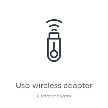 Usb kablosuz adaptör simgesi. Elektronik aygıt koleksiyonundan beyaz arkaplanda izole edilmiş ince doğrusal usb kablosuz adaptör ana hatları simgesi. Çizgi vektör işareti, ağ ve mobil sembolü
