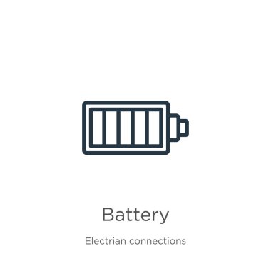 Batarya simgesi. Elektrik bağlantıları koleksiyonundan beyaz arkaplanda izole edilmiş ince doğrusal pil taslak simgesi. Çizgi vektör işareti, ağ ve mobil sembolü