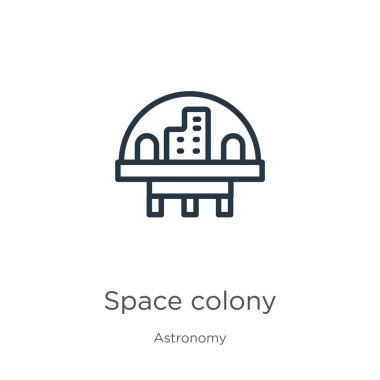 Uzay kolonisi ikonu. Astronomi koleksiyonundan izole edilmiş ince doğrusal uzay kolonisi ana hatları simgesi. Çizgi vektör işareti, ağ ve mobil sembolü