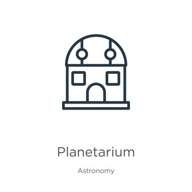 Planetaryum ikonu. Astronomi koleksiyonundan beyaz arkaplanda izole edilmiş ince doğrusal yıldız çizgisi ikonu. Çizgi vektör işareti, ağ ve mobil sembolü