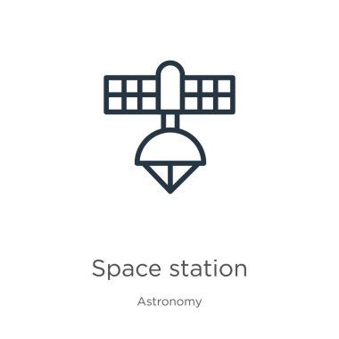 Uzay istasyonu simgesi. Astronomi koleksiyonundan izole edilmiş ince doğrusal uzay istasyonu ana hatları simgesi. Çizgi vektör işareti, ağ ve mobil sembolü