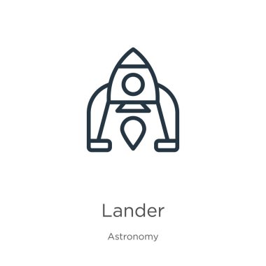 İniş ikonu. Astronomi koleksiyonundan izole edilmiş ince doğrusal iniş çizgisi simgesi. Çizgi vektör işareti, ağ ve mobil sembolü