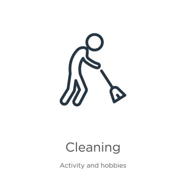 Temizlik ikonu. Etkinlik koleksiyonundan beyaz arkaplanda izole edilmiş ince doğrusal temizlik ana hatları simgesi. Çizgi vektör işareti, ağ ve mobil sembolü