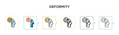 Deformite vektör simgesi 6 farklı modern stilde. Siyah, iki renkli deformasyon simgesi doldurulmuş, ana hatları çizilmiş, çizgi ve vuruş stiliyle dizayn edilmiş. Vektör illüstrasyonu ağ, mobil, ui için kullanılabilir