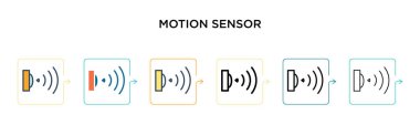 6 farklı modern stilde hareket sensörü vektör simgesi. Siyah, iki renkli hareket algılayıcı simgesi doldurulmuş, taslak, çizgi ve vuruş stiliyle dizayn edilmiş. Vektör illüstrasyonu ağ, mobil, ui için kullanılabilir