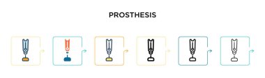 Protez vektör simgesi 6 farklı modern stilde. Siyah, iki renkli protez ikonu doldurulmuş, ana hatları çizilmiş, çizgi ve vuruş stiliyle tasarlanmış. Vektör illüstrasyonu ağ, mobil, ui için kullanılabilir