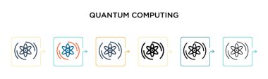 Kuantum hesaplama vektör simgesi 6 farklı modern stilde. Siyah, iki renkli kuantum hesaplama simgesi doldurulmuş, ana hatları çizilmiş, çizgi ve vuruş stiliyle dizayn edilmiş. Vektör illüstrasyonu ağ için kullanılabilir, 