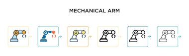 6 farklı modern tarzda mekanik kol vektör ikonu. Siyah, iki renkli mekanik kol simgesi doldurulmuş, ana hatları çizilmiş, çizgi ve vuruş stiliyle dizayn edilmiş. Vektör illüstrasyonu ağ, mobil, ui için kullanılabilir