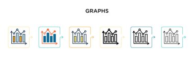 Grafik vektör simgesi 6 farklı modern stilde. Siyah, iki renkli grafik simgesi doldurulmuş, ana hatları çizilmiş, çizgi ve vuruş stili. Vektör illüstrasyonu ağ, mobil, ui için kullanılabilir