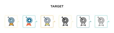 Hedef sembol vektör simgesi 6 farklı modern stilde. Siyah, doldurulmuş, ana hatları çizilmiş, çizgi ve vuruş stiliyle tasarlanmış iki renkli hedef simgesi. Vektör illüstrasyonu ağ, mobil, ui için kullanılabilir