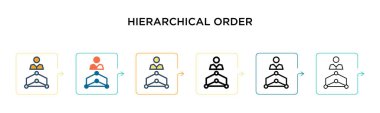 6 farklı modern stilde hiyerarşik düzen vektör simgesi. Siyah, iki renkli hiyerarşik düzen simgesi doldurulmuş, ana hatları çizilmiş, çizgi ve çizgi şeklinde dizayn edilmiş. Vektör illüstrasyonu ağ için kullanılabilir, 