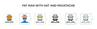 Şapkalı ve bıyık vektör ikonlu şişman adam 6 farklı modern stilde. Siyah, şapkalı ve bıyıklı iki renkli adam. Doldurulmuş, ana hatlı, çizgi ve vuruş stiliyle dizayn edilmiş. Vektör illüstrasyonu