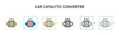 Araba katalitik konvertör vektör simgesi 6 farklı modern stilde. Siyah, iki renkli katalitik konvertör ikonu doldurulmuş, ana hatları çizilmiş, çizgi ve vuruş stiliyle dizayn edilmiş. Vektör illüstrasyonu kullanılabilir 