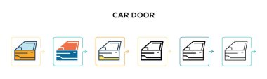 Araba kapısı vektör simgesi, 6 farklı modern stilde. Siyah, iki renkli araba kapısı ikonu. Dolu, taslak, çizgi ve vuruş stili olarak dizayn edilmiş. Vektör illüstrasyonu ağ, mobil, ui için kullanılabilir