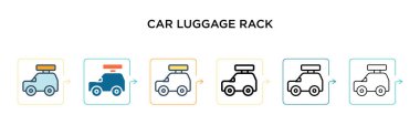 Araba bagaj rafı vektör simgesi, 6 farklı modern tarzda. Siyah, iki renkli bagaj rafı ikonu doldurulmuş, ana hatları çizilmiş, çizgi ve vuruş stiliyle tasarlanmış. Vektör illüstrasyonu ağ için kullanılabilir, 