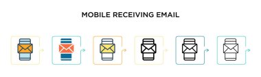 Mobil e-posta vektör simgesini 6 farklı modern stilde alıyor. Siyah, doldurulmuş, ana hatları çizilmiş, çizgi ve vuruş tarzında iki renkli e-posta simgesi alıyor. Vektör illüstrasyonu kullanılabilir