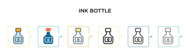 6 farklı modern stilde mürekkep şişesi vektör simgesi. Siyah, iki renkli mürekkep şişesi ikonu. Doldurulmuş, ana hatları çizilmiş, çizgi ve vuruş stiliyle tasarlanmış. Vektör illüstrasyonu ağ, mobil, ui için kullanılabilir