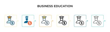 İş eğitimi vektör simgesi 6 farklı modern stilde. Siyahi, iki renkli iş eğitimi ikonu doldurulmuş, ana hatları çizilmiş, çizgi ve vuruş stiliyle dizayn edilmiş. Vektör illüstrasyonu ağ için kullanılabilir, 