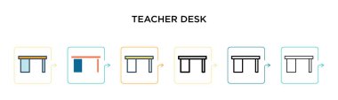 Öğretmen masası vektör simgesi 6 farklı modern stilde. Siyahi, iki renkli öğretmen masası simgesi doldurulmuş, ana hatları çizilmiş, çizgi ve çizgi şeklinde dizayn edilmiş. Vektör illüstrasyonu ağ, mobil, ui için kullanılabilir