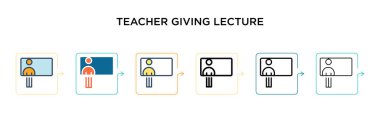 Öğretmen, 6 farklı modern stilde ders vektör simgesi veriyor. Siyahi, iki renkli öğretmen doldurulmuş, ana hatları çizilmiş, çizgi ve vuruş stiliyle dizayn edilmiş ders simgeleri veriyor. Vektör illüstrasyonu kullanılabilir