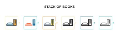 Kitap yığını vektör simgesi 6 farklı modern stilde. Siyah, doldurulmuş, ana hatları çizilmiş, çizgi ve vuruş stiliyle dizayn edilmiş iki renkli kitap ikonu. Vektör illüstrasyonu ağ, mobil, ui için kullanılabilir