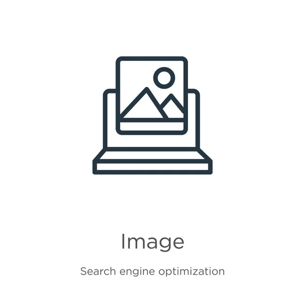 画像のアイコン 検索エンジン最適化コレクションから白地に分離された細い線形画像アウトラインアイコン ラインベクトル記号 ウェブとモバイル用の記号 — ストックベクタ