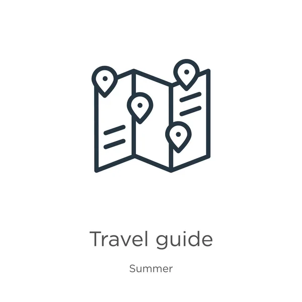 旅游指南图标 瘦长的线性旅行指南轮廓图标孤立在白色背景从夏季收集 线形矢量符号 网络和移动符号 — 图库矢量图片