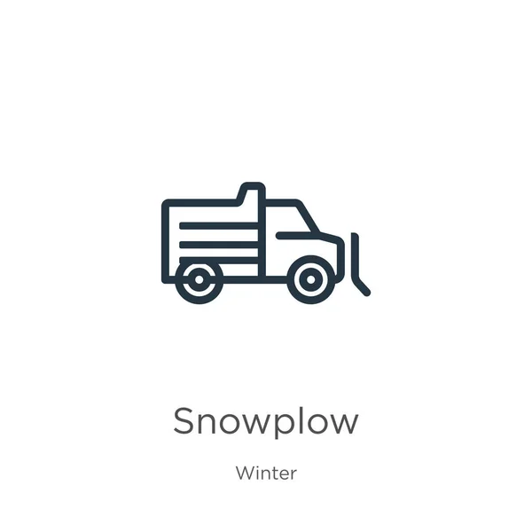 スノープラウアイコン 冬のコレクションから白い背景に隔離された薄い線形の雪の輪郭アイコン ラインベクトル記号 ウェブとモバイル用の記号 — ストックベクタ