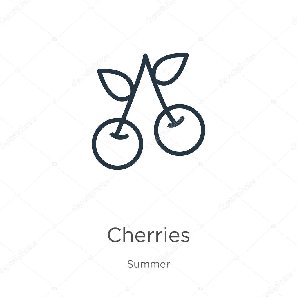 Cherries icon. Thin linear cherries outline icon isolated on white background from summer collection. Line vector sign, symbol for web and mobile