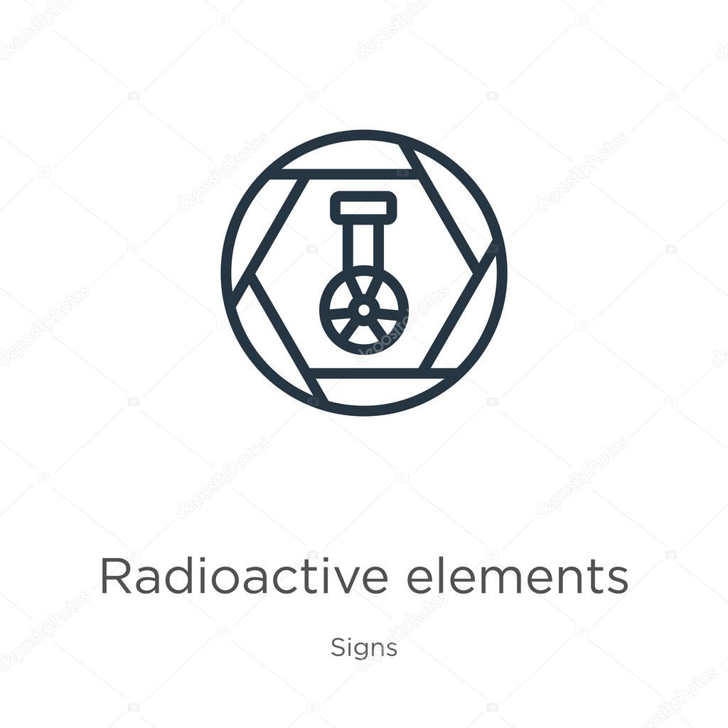 Radioactive elements icon. Thin linear radioactive elements outline icon isolated on white background from signs collection. Line vector sign, symbol for web and mobile