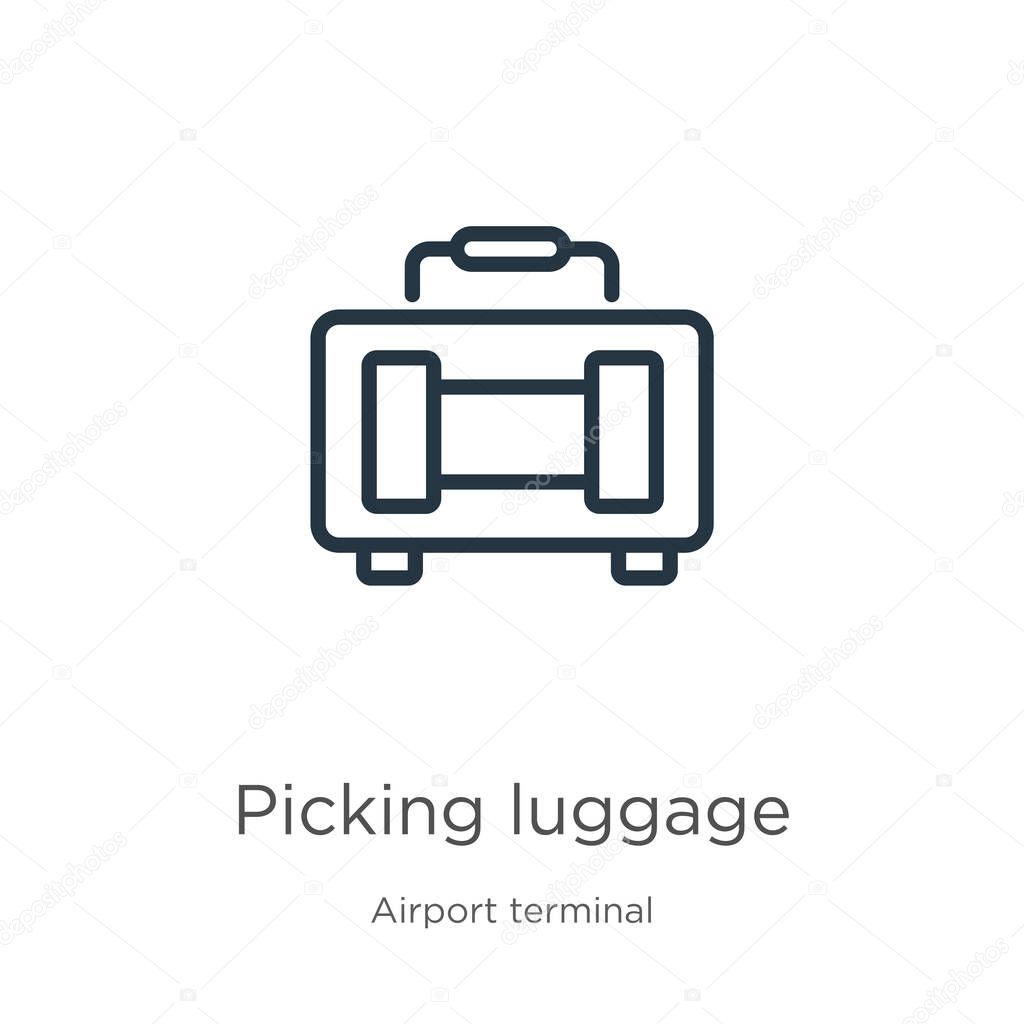 Picking luggage icon. Thin linear picking luggage outline icon isolated on white background from airport terminal collection. Line vector sign, symbol for web and mobile