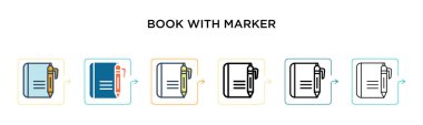 Altı farklı modern stilde işaret vektör simgesi içeren kitap. Siyah, doldurulmuş, ana hatları çizilmiş, çizgi ve vuruş stili simgeli iki renkli kitap. Vektör illüstrasyonu ağ için kullanılabilir, 