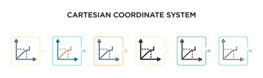 Kartezyen koordinat sistemi vektör simgesi 6 farklı modern stilde. Siyah, iki renkli kartezyen koordinat sistemi simgesi. Doldurulmuş, ana hatları çizilmiş, çizgi ve çizgi şeklinde dizayn edilmiş. Vektör illüstrasyonu 
