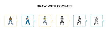 6 farklı modern stilde pusula vektör simgesi ile çiz. Siyah, içinde pusula simgeleri olan iki renkli çizim. Doldurulmuş, taslak, çizgi ve çizgi şeklinde dizayn edilmiş. Vektör illüstrasyonu ağ için kullanılabilir, 