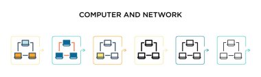 Bilgisayar ve ağ vektör simgesi 6 farklı modern stilde. Siyah, iki renkli bilgisayar ve ağ simgeleri doldurulmuş, ana hatları çizilmiş, çizgi ve vuruş stiliyle dizayn edilmiş. Vektör illüstrasyonu kullanılabilir 