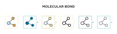 Moleküler bağ vektör simgesi 6 farklı modern stilde. Siyah, iki renkli moleküler bağ ikonu doldurulmuş, ana hatları çizilmiş, çizgi ve vuruş stiliyle dizayn edilmiş. Vektör illüstrasyonu ağ, mobil, ui için kullanılabilir