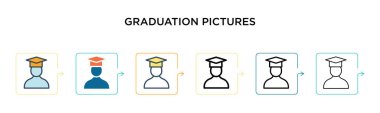 Mezuniyet resimleri vektör simgesi 6 farklı modern stilde. Siyah, iki renkli mezuniyet resmi doldurulmuş, ana hatları çizilmiş, çizgi ve vuruş stiliyle tasarlanmış. Vektör illüstrasyonu ağ için kullanılabilir, 