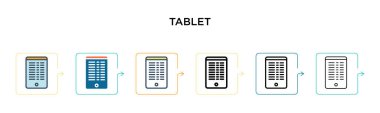 Tablet vektör simgesi 6 farklı modern stilde. Siyah, iki renkli tablet, doldurulmuş, ana hatları çizilmiş, çizgi ve vuruş stiliyle dizayn edilmiş. Vektör illüstrasyonu ağ, mobil, ui için kullanılabilir