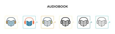 Audiobook vektör simgesi 6 farklı modern stilde. Siyah, iki renkli sesli kitap ikonu doldurulmuş, ana hatları çizilmiş, çizgi ve vuruş stiliyle tasarlanmış. Vektör illüstrasyonu ağ, mobil, ui için kullanılabilir