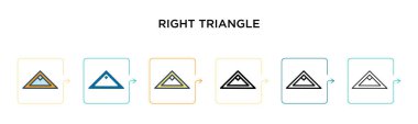6 farklı modern stilde dik üçgen vektör simgesi. Siyah, iki renkli dik üçgen ikonu. Doldurulmuş, ana hatları çizilmiş, çizgi ve çizgi şeklinde dizayn edilmiş. Vektör illüstrasyonu ağ, mobil, ui için kullanılabilir
