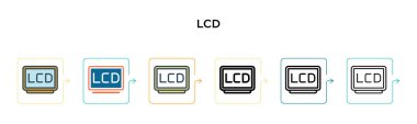 6 farklı modern stilde LCD vektör simgesi. Siyah, iki renkli lcd simgesi doldurulmuş, ana hatları çizilmiş, çizgi ve vuruş stiliyle tasarlanmış. Vektör illüstrasyonu ağ, mobil, ui için kullanılabilir