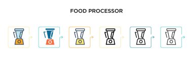 Gıda işlemci vektör simgesi 6 farklı modern stilde. Siyah, doldurulmuş, ana hatları çizilmiş, çizgi ve vuruş stiliyle dizayn edilmiş iki renkli yiyecek işlemci simgesi. Vektör illüstrasyonu ağ, mobil, ui için kullanılabilir