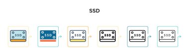 6 farklı modern stilde SSD vektör simgesi. Siyah, doldurulmuş, ana hatları çizilmiş, çizgi ve vuruş stiliyle dizayn edilmiş iki renkli SSSD simgesi. Vektör illüstrasyonu ağ, mobil, ui için kullanılabilir