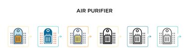 Hava temizleyici vektör simgesi 6 farklı modern stilde. Siyah, iki renkli hava temizleyici ikonu doldurulmuş, ana hatları çizilmiş, çizgi ve vuruş stiliyle tasarlanmış. Vektör illüstrasyonu ağ, mobil, ui için kullanılabilir