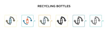 Geri dönüşüm şişeleri vektör simgesi 6 farklı modern stilde. Siyah, iki renkli geri dönüşüm şişesi doldurulmuş, ana hatları çizilmiş ve vuruş stiliyle dizayn edilmiş. Vektör illüstrasyonu ağ için kullanılabilir, 
