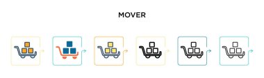 Mover vektör simgesi 6 farklı modern stilde. Siyah, doldurulmuş, ana hatları çizilmiş, çizgi ve vuruş stiliyle dizayn edilmiş iki renkli simge. Vektör illüstrasyonu ağ, mobil, ui için kullanılabilir