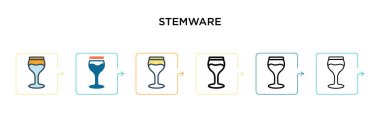 6 farklı modern stilde Stemware vektör simgesi. Siyah, doldurulmuş, ana hatları çizilmiş, çizgi ve vuruş stiliyle dizayn edilmiş iki renkli kadehler. Vektör illüstrasyonu ağ, mobil, ui için kullanılabilir
