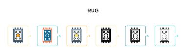 Rug vektör simgesi 6 farklı modern stilde. Siyah, iki renkli halı ikonu. Doldurulmuş, ana hatları çizilmiş, çizgi ve vuruş stili. Vektör illüstrasyonu ağ, mobil, ui için kullanılabilir