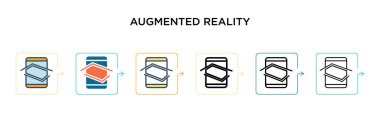 Geliştirilmiş gerçeklik vektör simgesi 6 farklı modern stilde. Siyah, iki renkli artırılmış gerçeklik simgesi doldurulmuş, ana hatları çizilmiş, çizgi ve çizgi şeklinde dizayn edilmiş. Vektör illüstrasyonu ağ için kullanılabilir, 